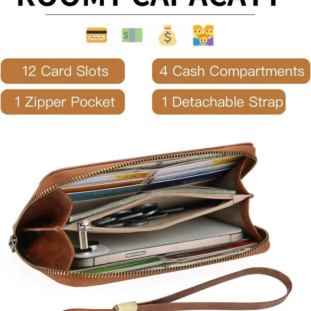 Women Wallet Vegan Leather Long Purse RFID Blocking Wristlet Organizer